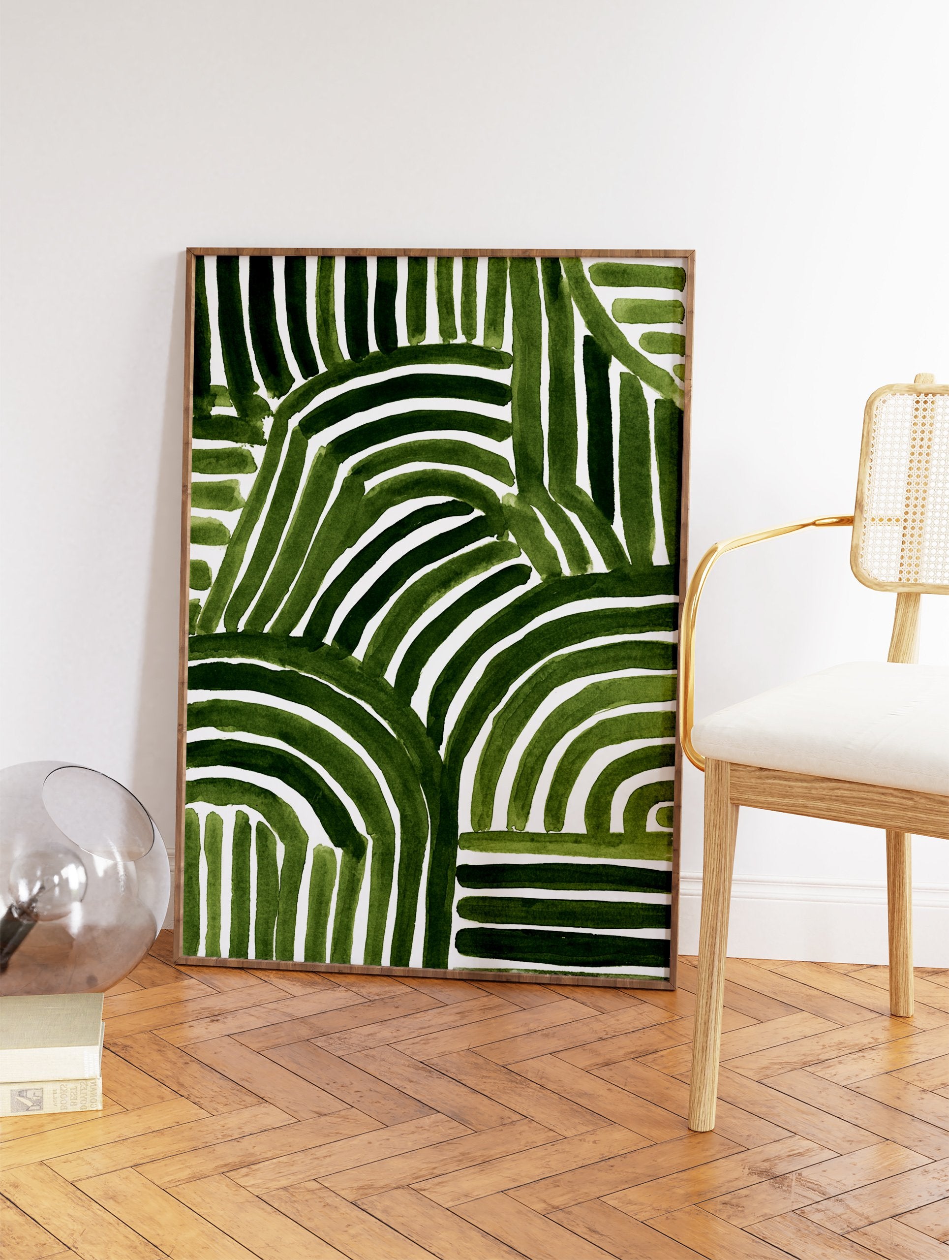 Green Abstract Wall Art with organic watercolor brushstroke patterns on a white background for modern decor. - Image 2