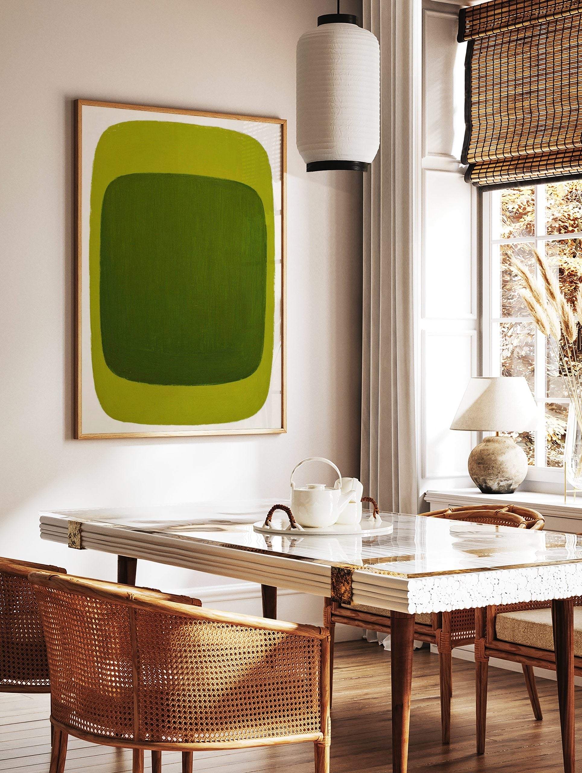 Green abstract wall art print with dark green inner rectangle and lime green outer border on white, in a styled room mockup