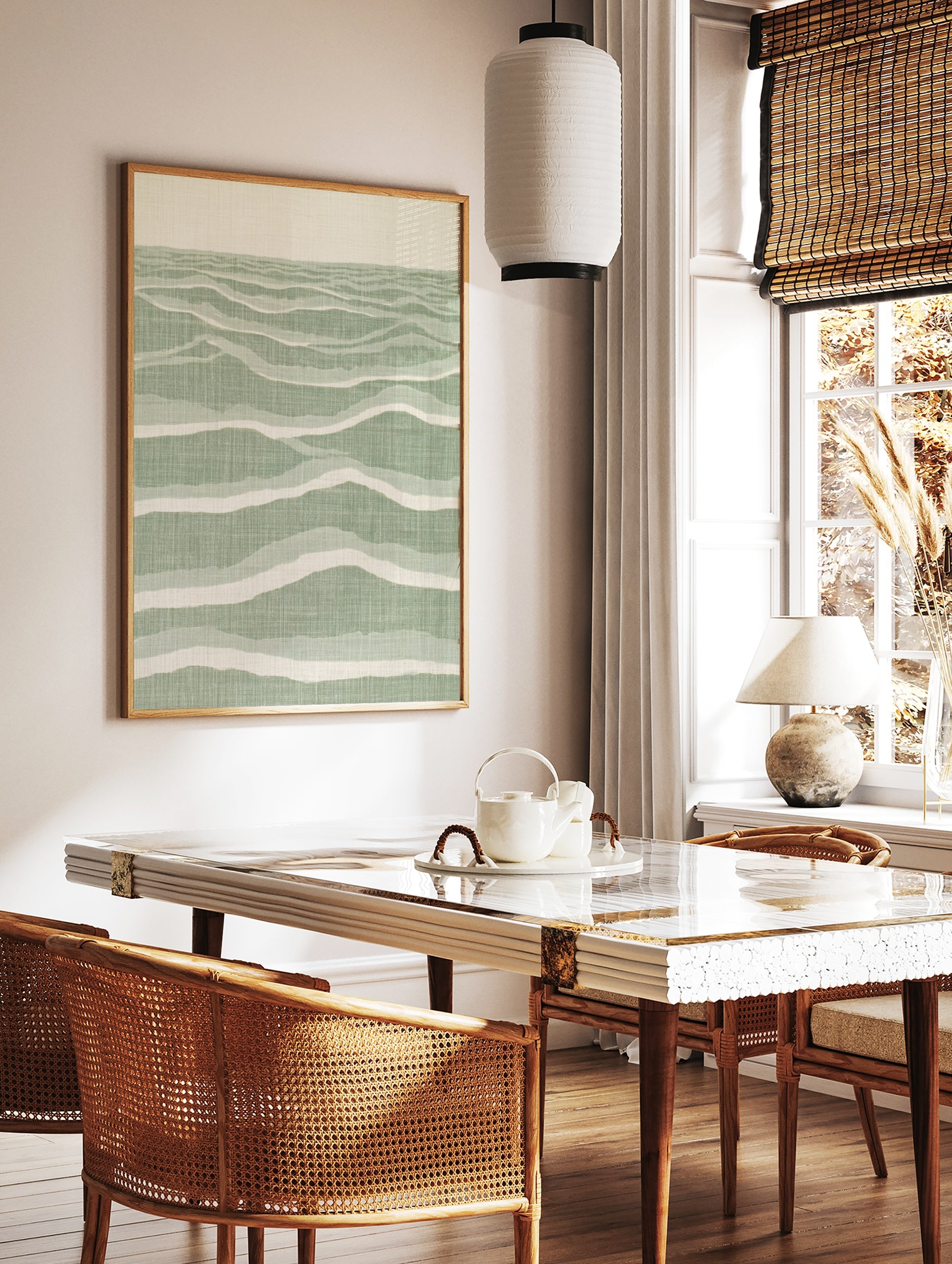 Abstract wave pattern wall art with layered sage green and cream lines on satin paper, in a styled room mockup