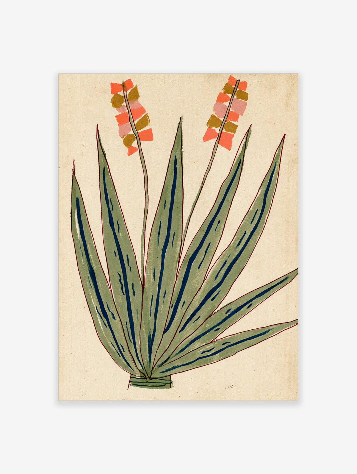 Stylised green agave plant with blue-streaked leaves and coral flower spikes on beige background