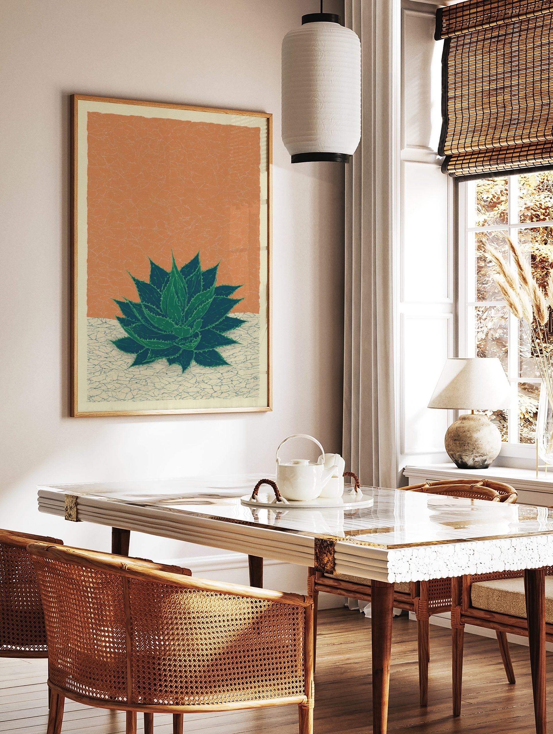Green agave plant botanical illustration art print on orange-brown textured background with cracked, in a styled room mockup