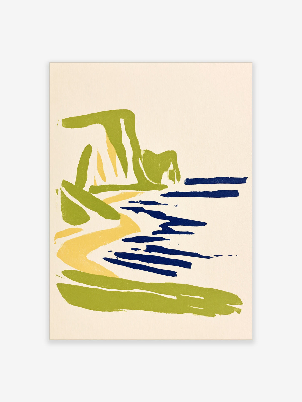 Abstract coastal art print with green cliffs, yellow sand path, and blue water lines on cream