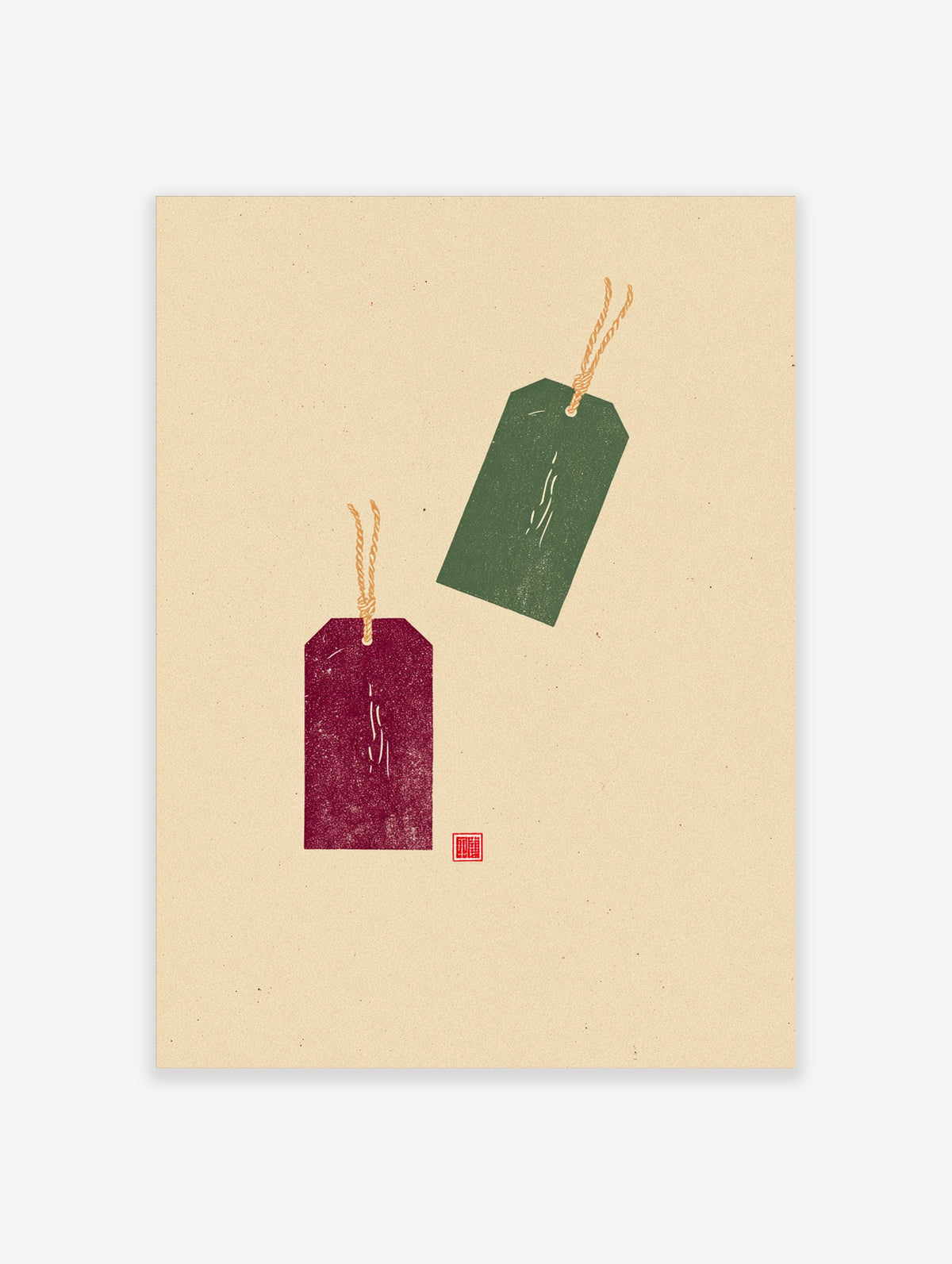 Minimalist art print of green and burgundy gift tags with twine on beige background