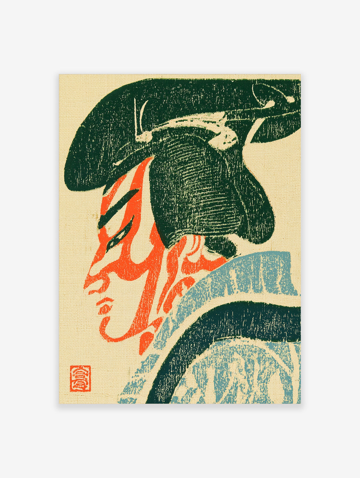 Green and orange kabuki portrait poster with stylised profile and red seal