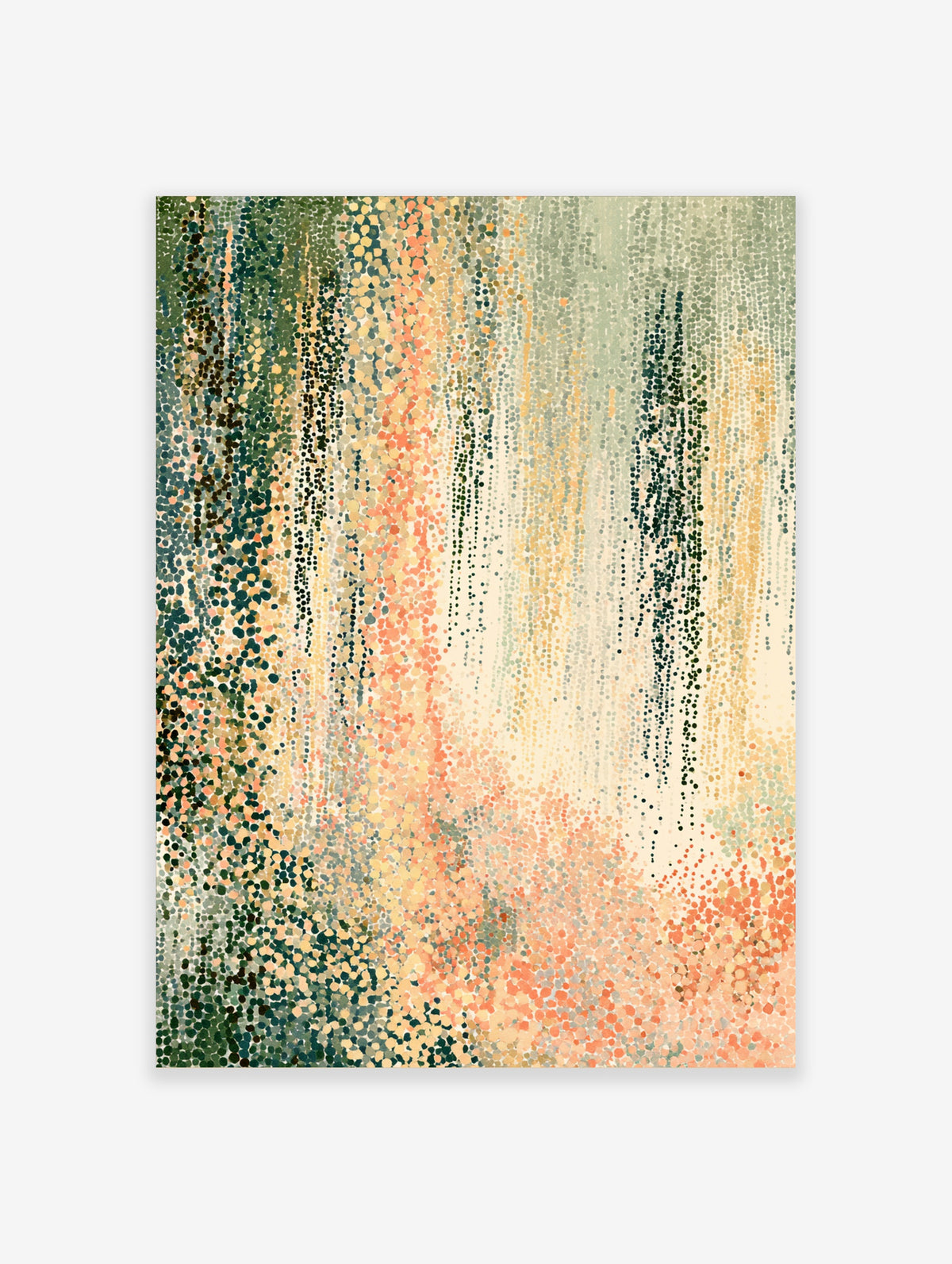 Abstract dot pattern art print in green, peach and cream with vertical drip trails
