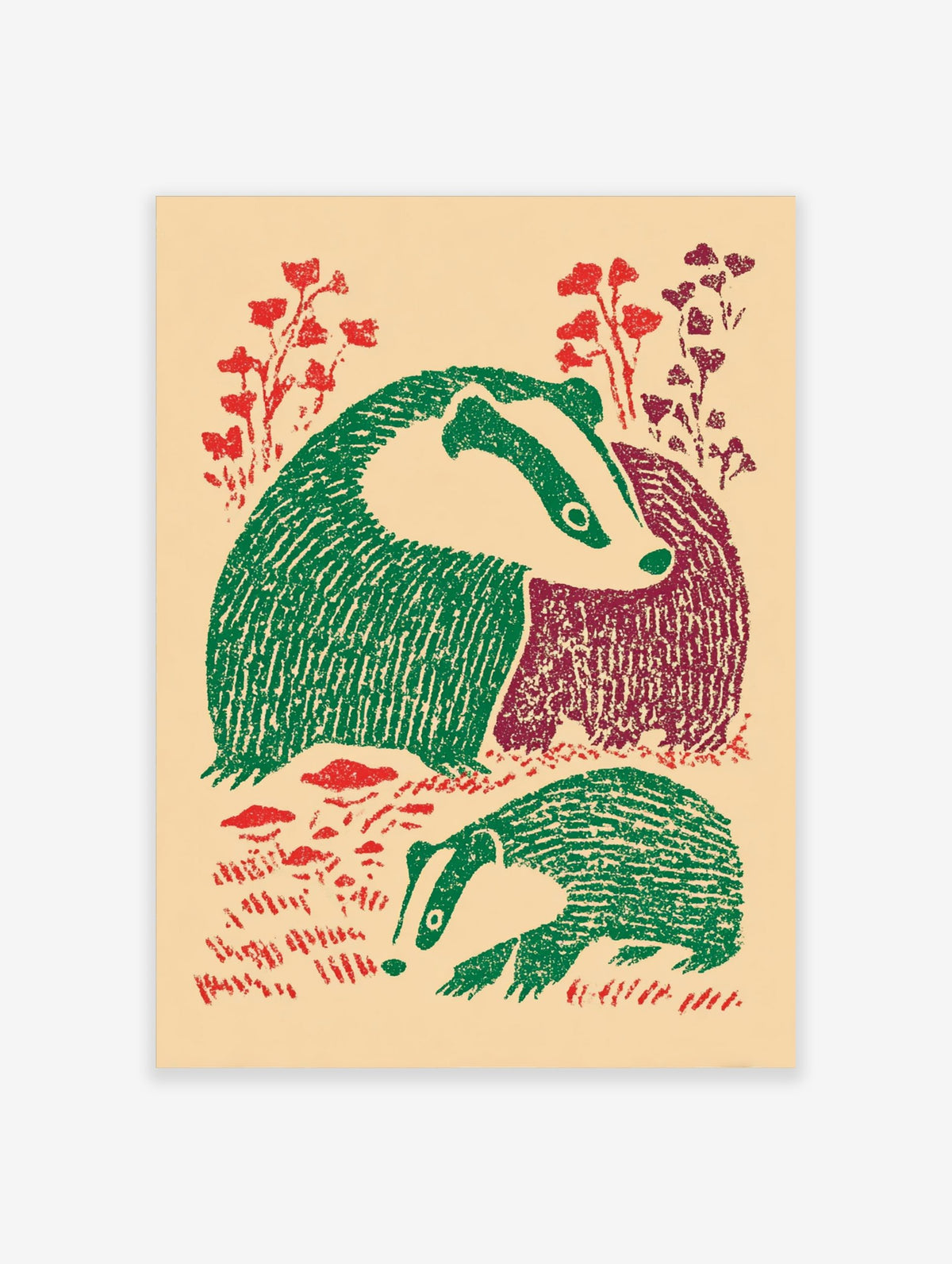 Illustrative print of two badgers with green and maroon bodies, red foliage, on a beige background