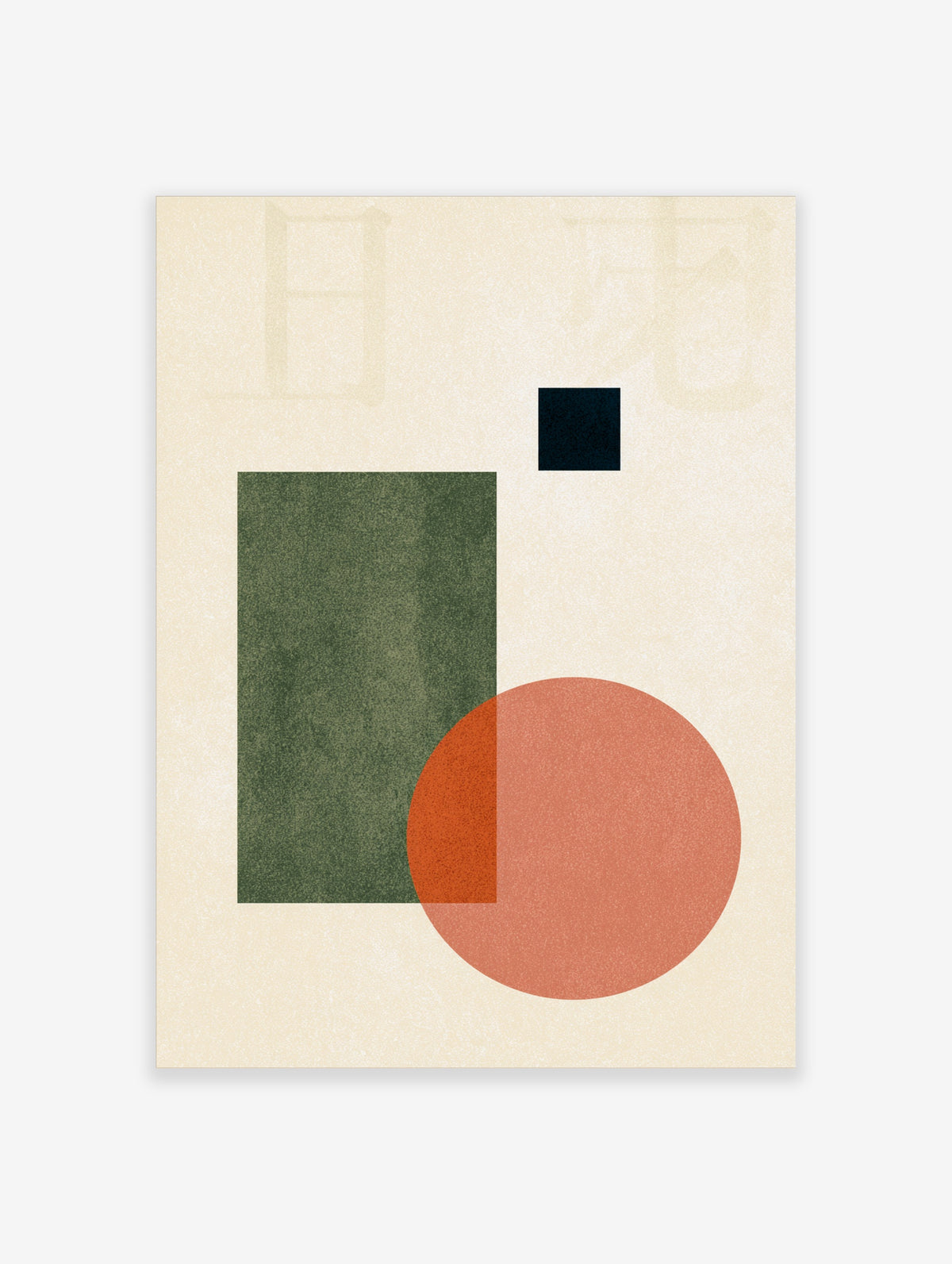 Green and terracotta abstract shapes poster with textured rectangle, navy square and coral circle on cream background