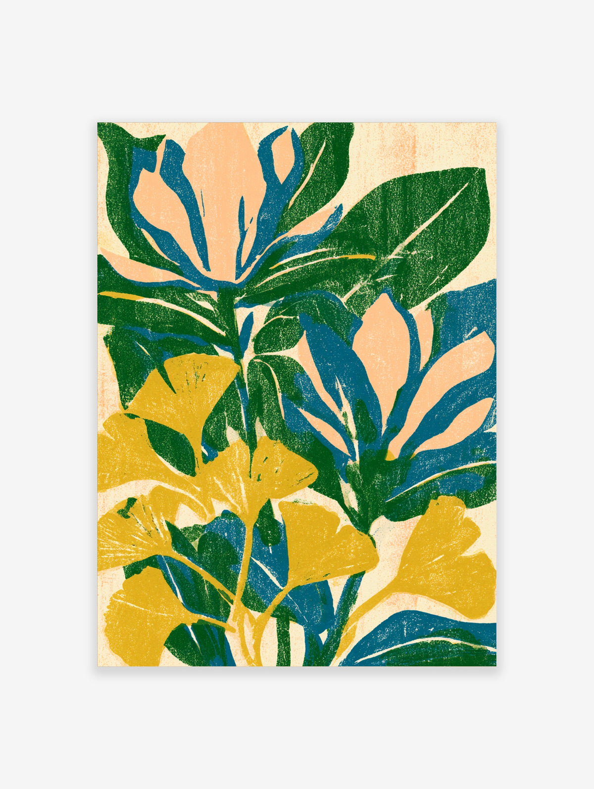 Green and yellow ginkgo leaf botanical art print with blue floral shapes on cream background