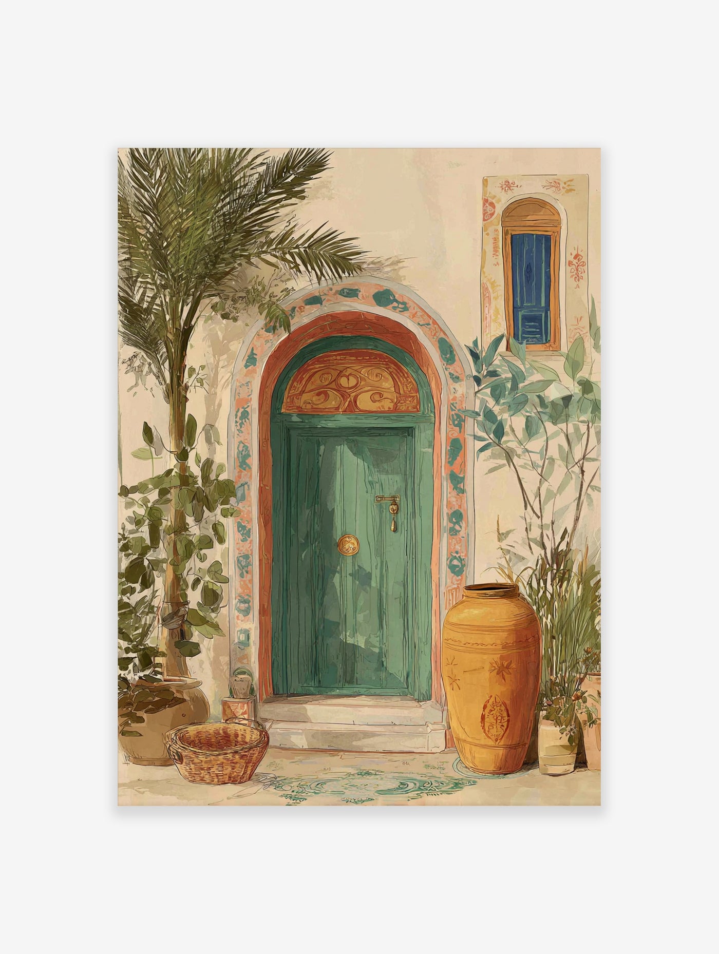 Green arched door with terracotta trim, potted plants, palm tree, and terracotta vase, watercolor style print