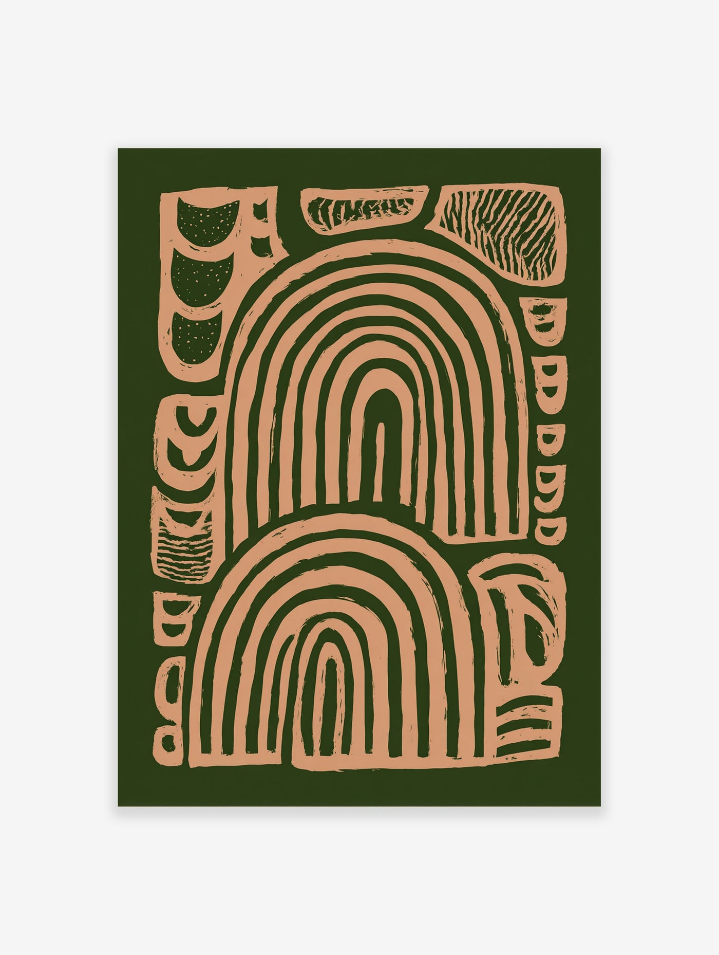 Green and beige geometric arch poster with concentric arches and abstract shapes