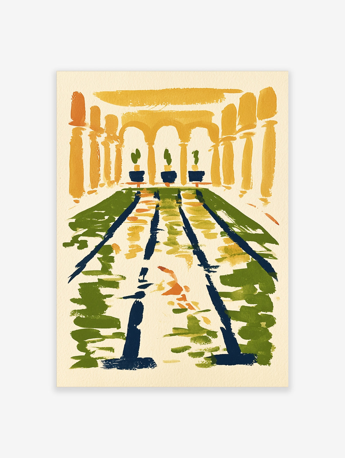 Green archway garden poster with yellow columns, blue planters, and a receding path in flat graphic style