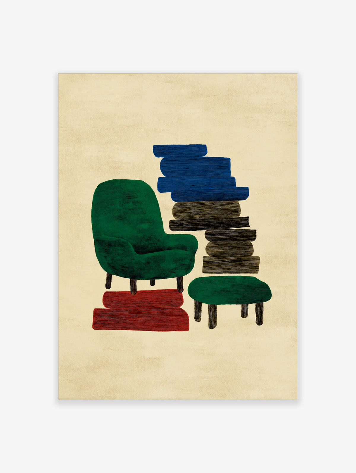 Green armchair and stack of blue and brown books with red rug and footstool on cream background