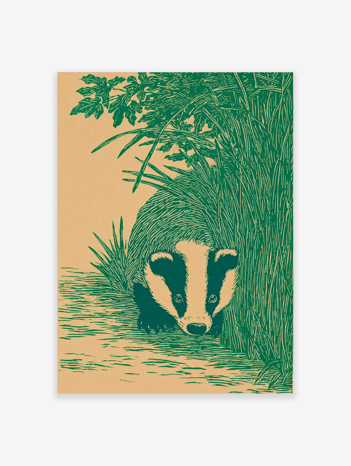 Illustrative green badger peeking from tall grass and foliage on a beige background, portrait orientation