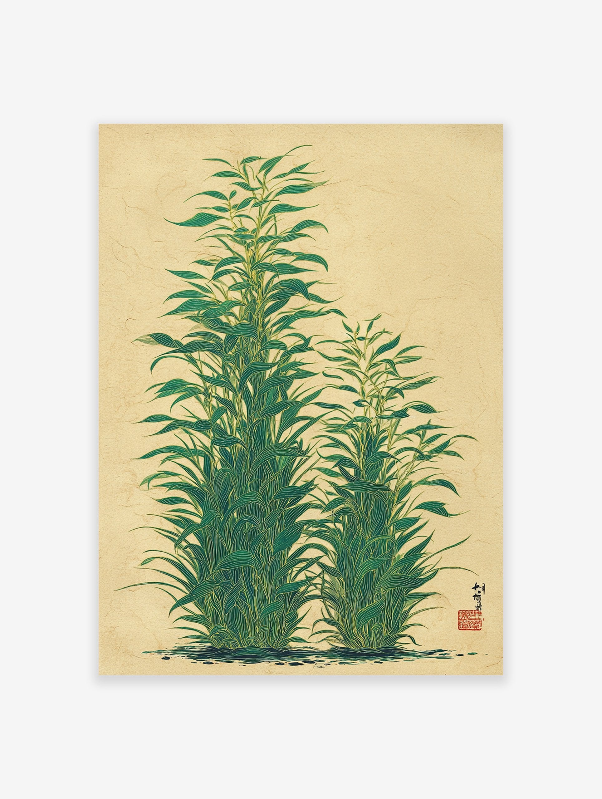 Green botanical wall art print depicting tall, leafy plants in an Asian illustrative style on a textured beige background.
