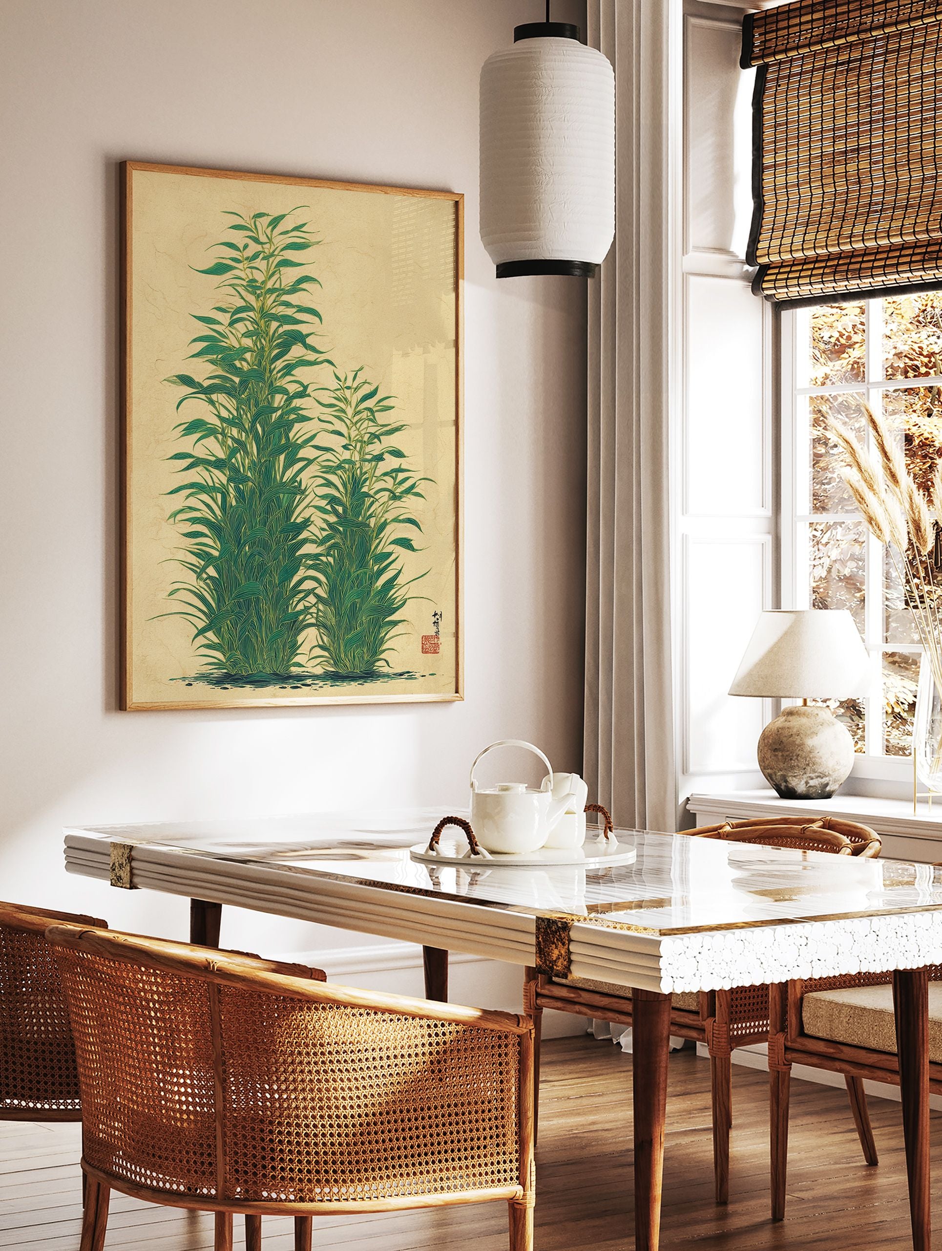 Green botanical wall art print depicting tall, leafy plants in an Asian illustrative style on a textured beige background. - Image 2