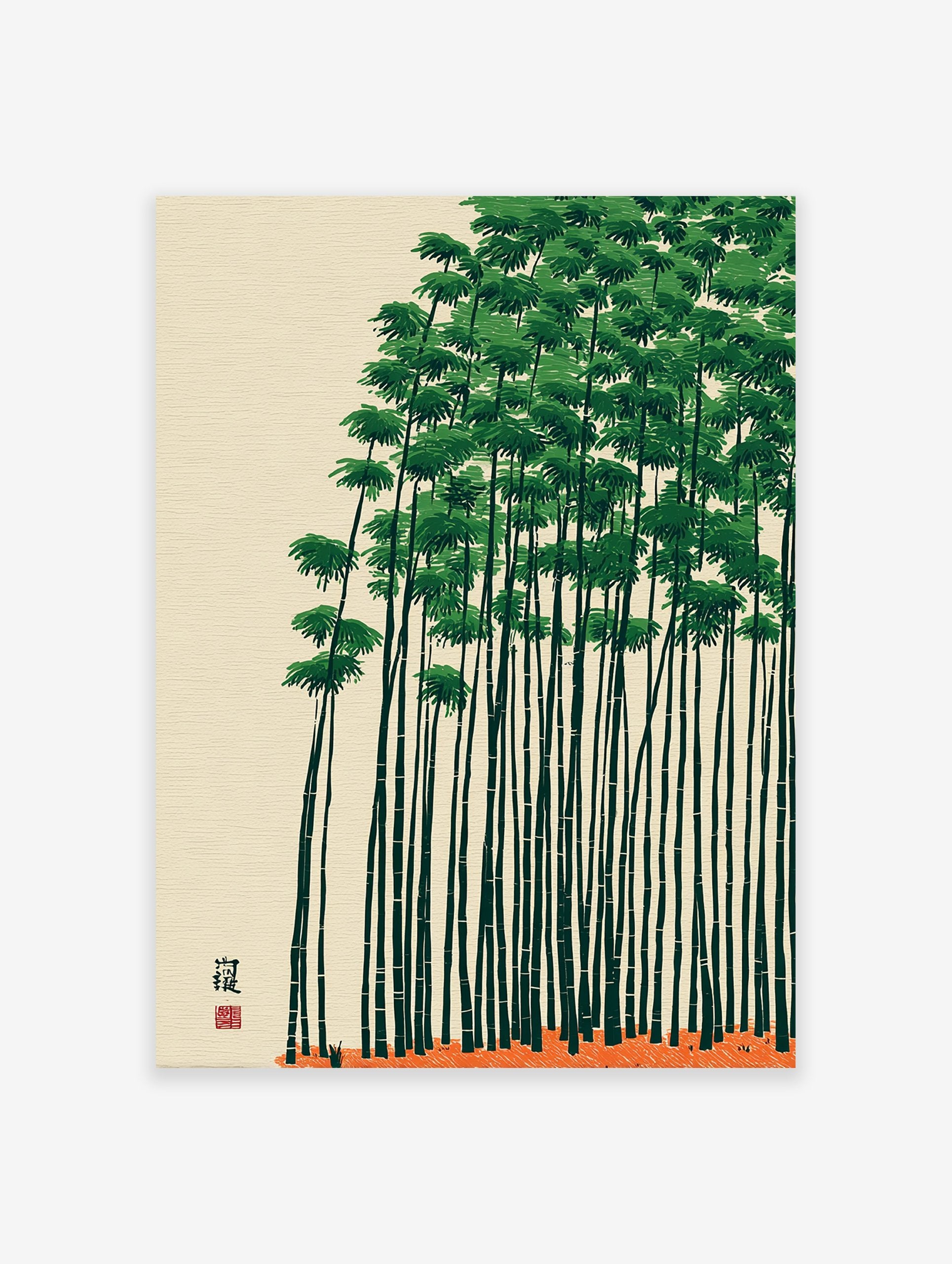 Green bamboo forest poster with tall, thin stalks and dense foliage against a light beige background, with an orange ground.