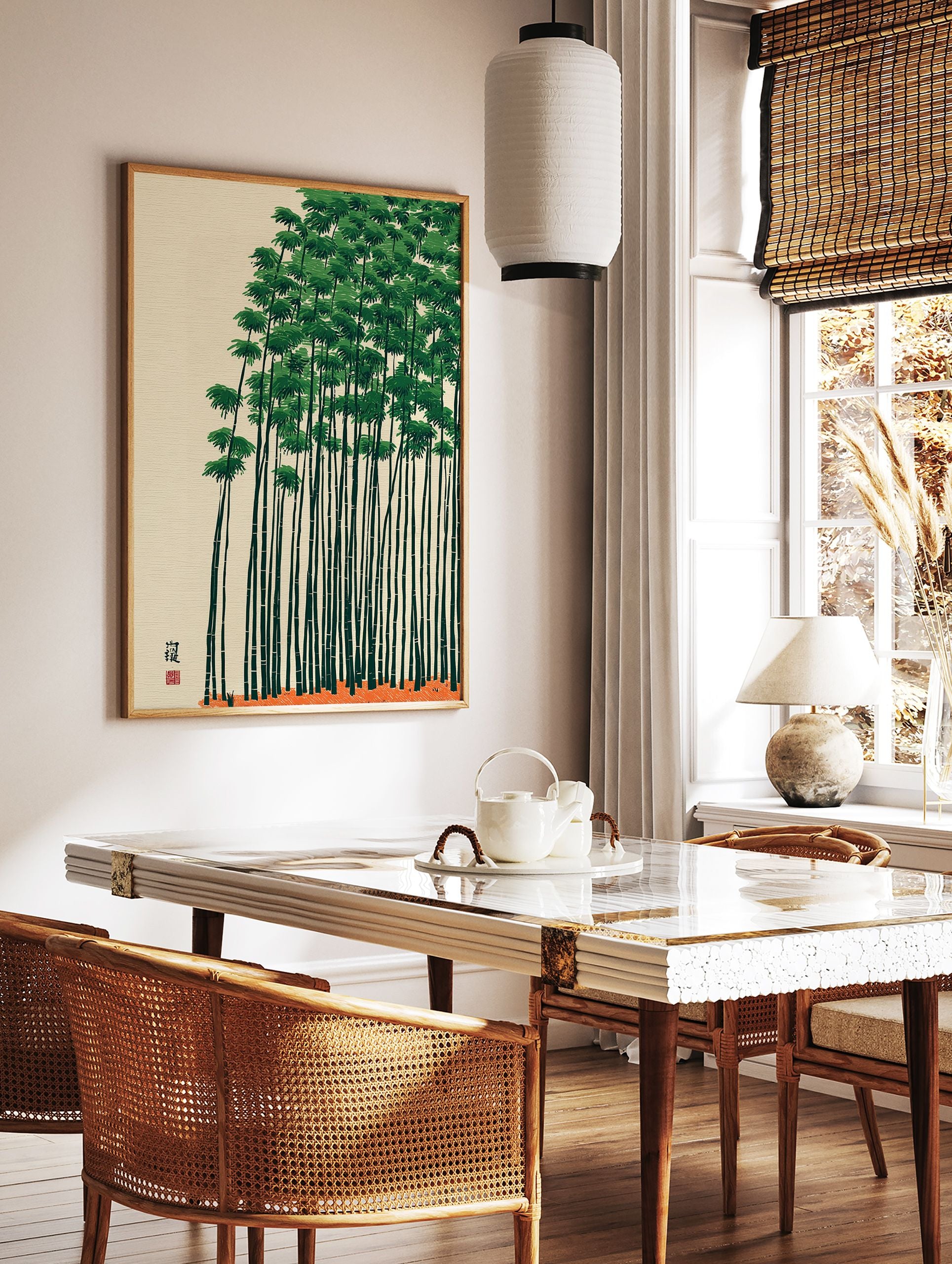 Green bamboo forest poster with tall, thin stalks and dense foliage against a light beige background, with an orange ground. - Image 2
