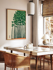 Green bamboo forest poster with tall, thin stalks and dense foliage against a light beige background, with an orange ground. - Image 2