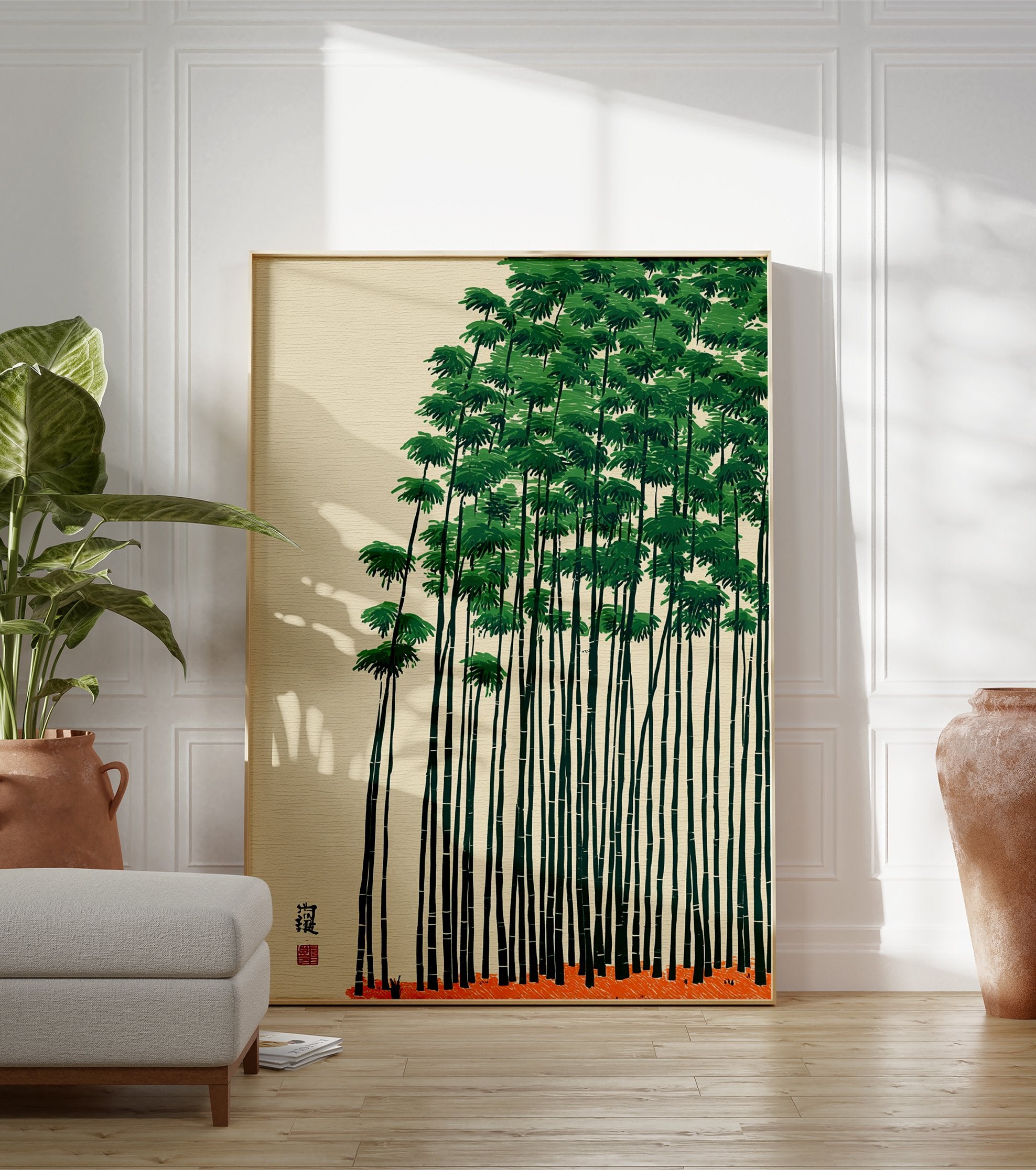 Green bamboo forest poster with tall, thin stalks and dense foliage against a light beige background, with an orange ground. - Image 3