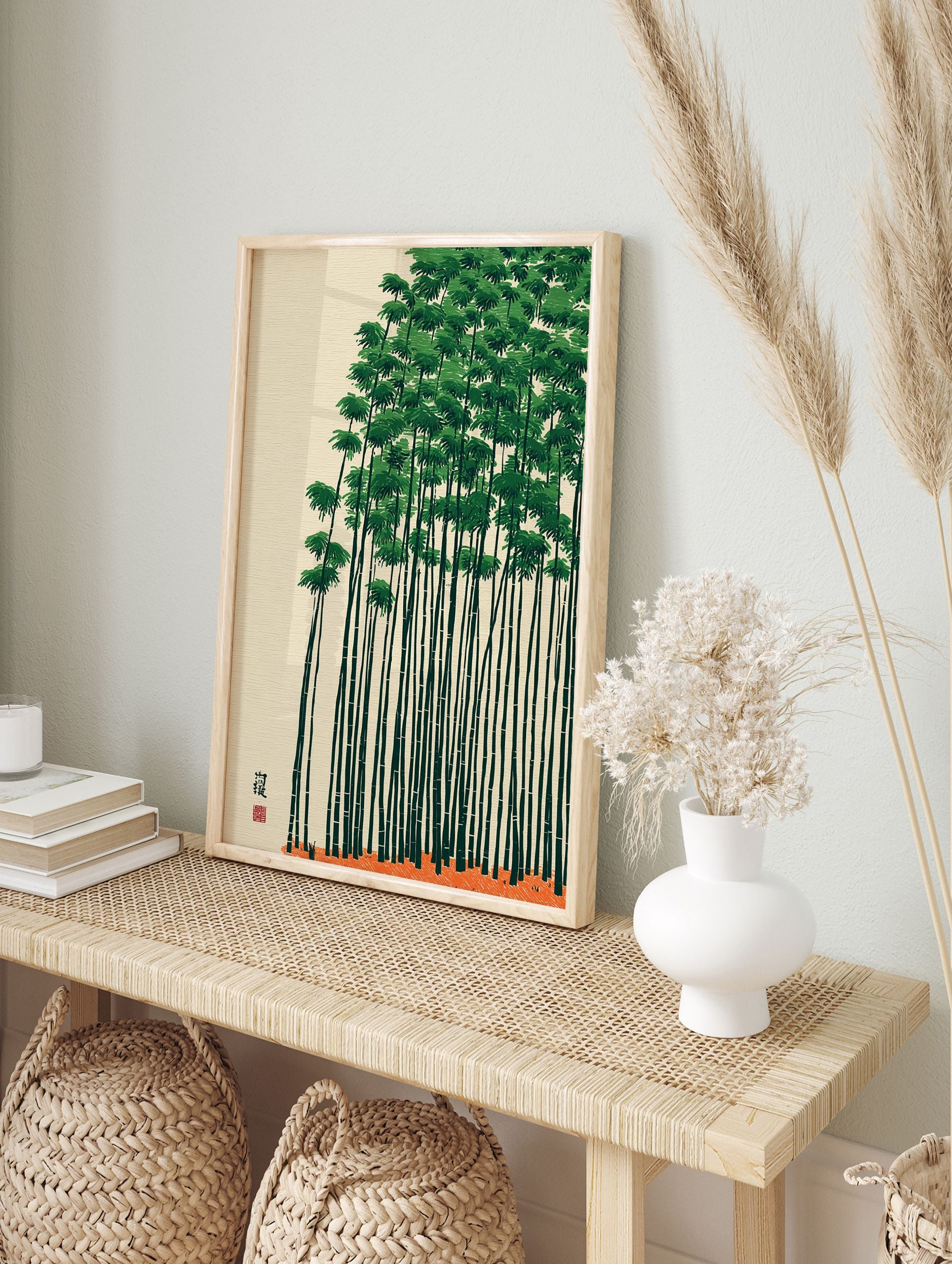 Green bamboo forest poster with tall, thin stalks and dense foliage against a light beige background, with an orange ground. - Image 4
