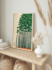 Green bamboo forest poster with tall, thin stalks and dense foliage against a light beige background, with an orange ground. - Image 4