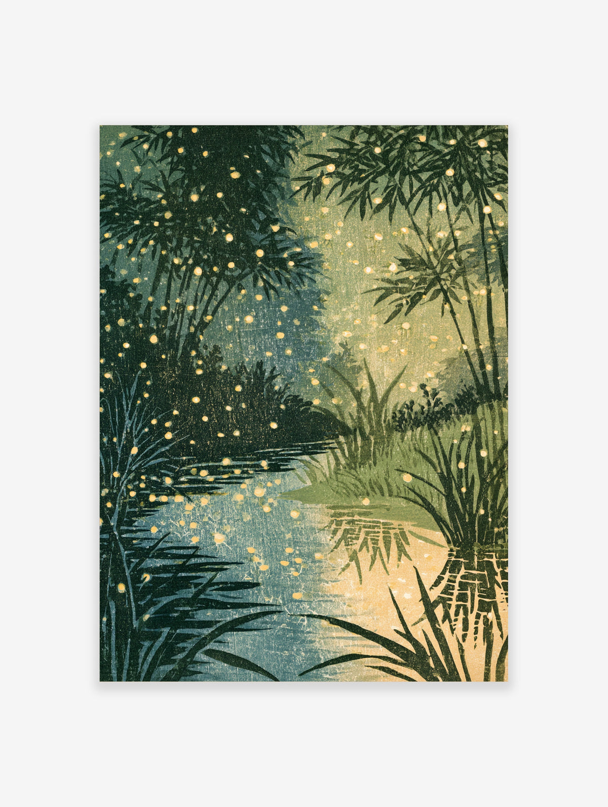Green bamboo forest art print with golden fireflies and a reflective stream in Japanese woodblock style