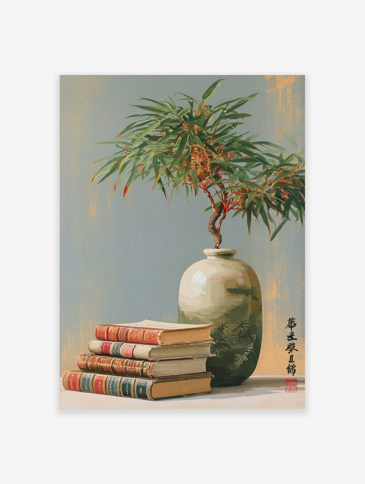 Green bamboo in cream vase with vintage books on blue-grey background art print