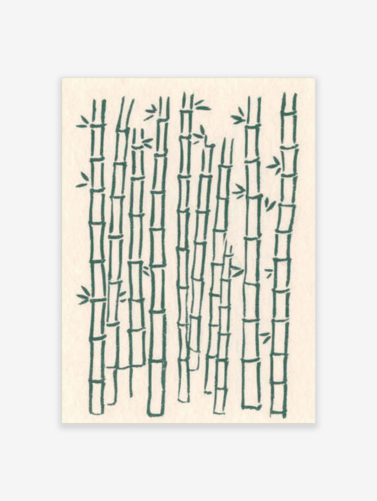 Green bamboo stalks with segmented nodes and leaf clusters on a cream background, Japanese botanical poster