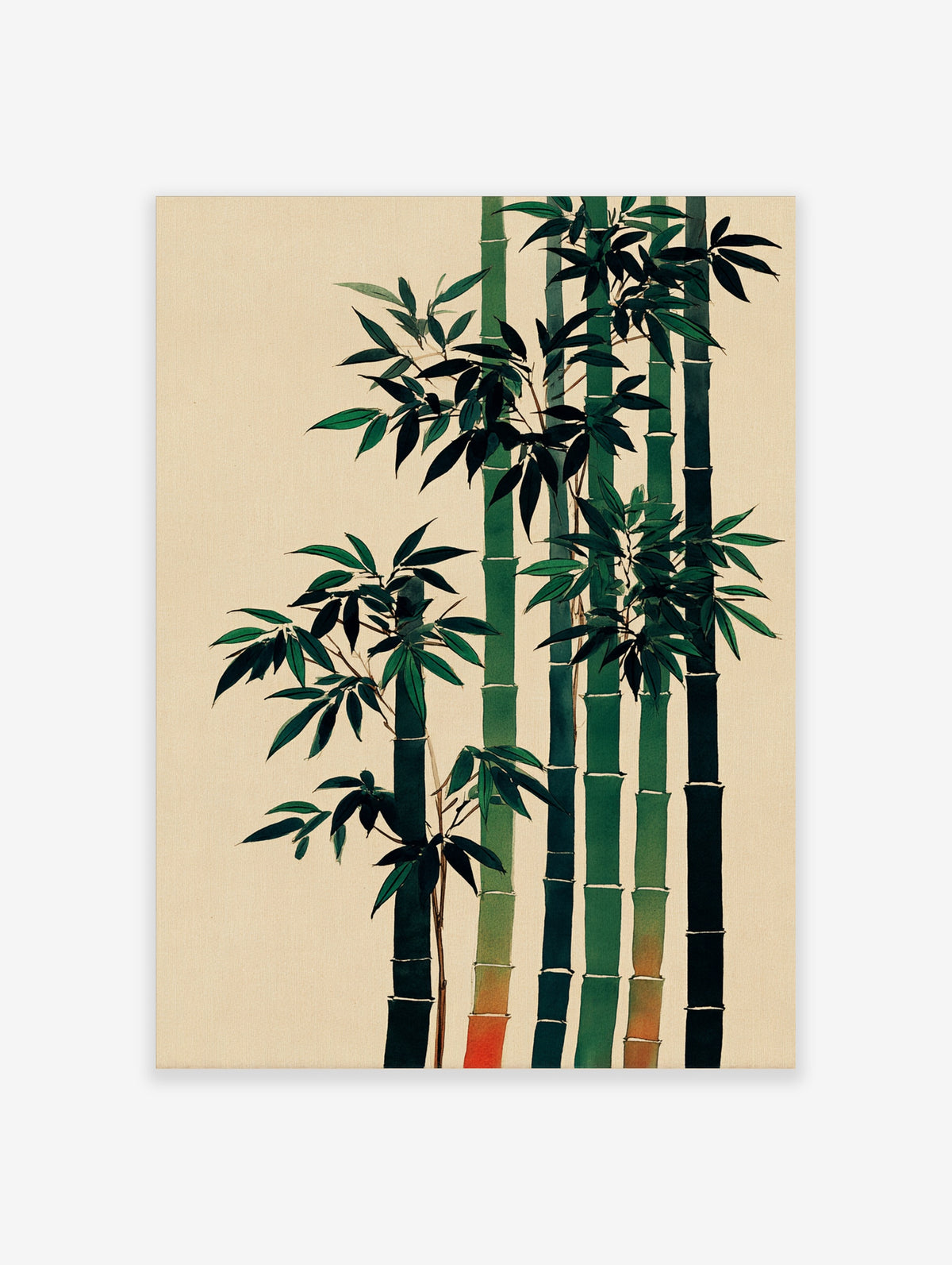 Green bamboo stalks and leaves on beige background, Japanese botanical art print