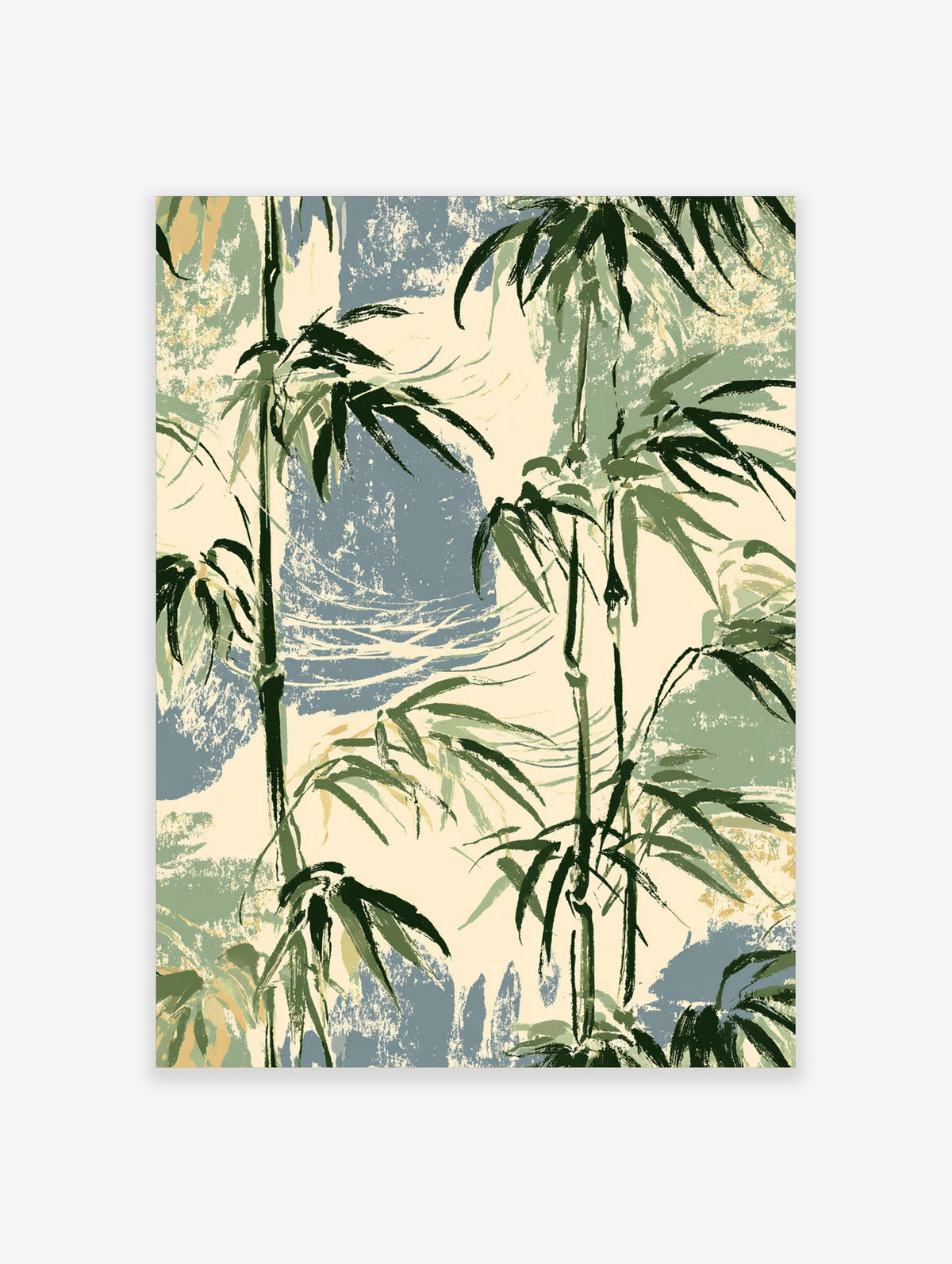 Green bamboo stalks and leaves with pale blue blocks on a cream background, Japanese botanical art print