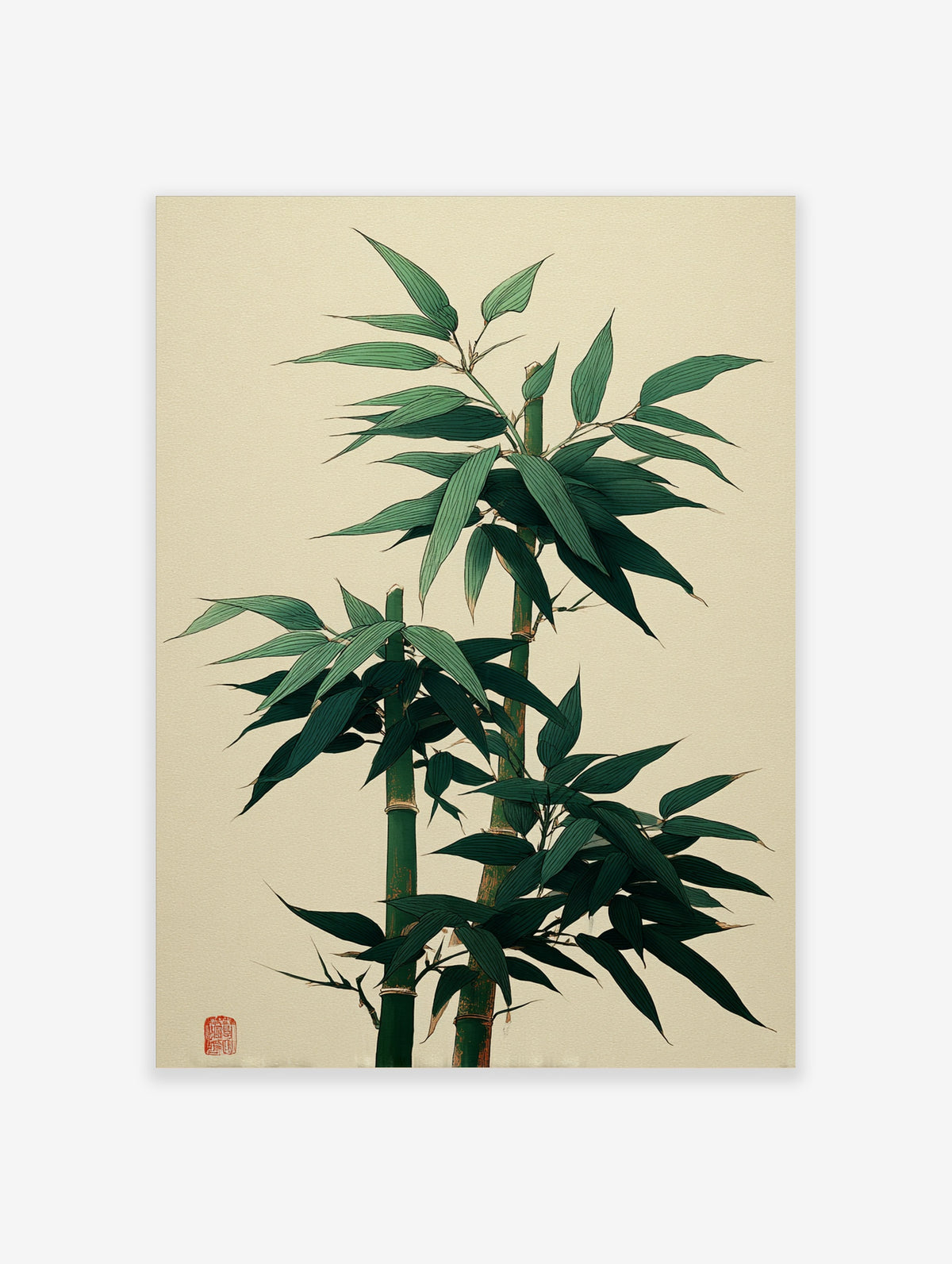 Green bamboo stalks and leaves on beige background, Japanese botanical art print