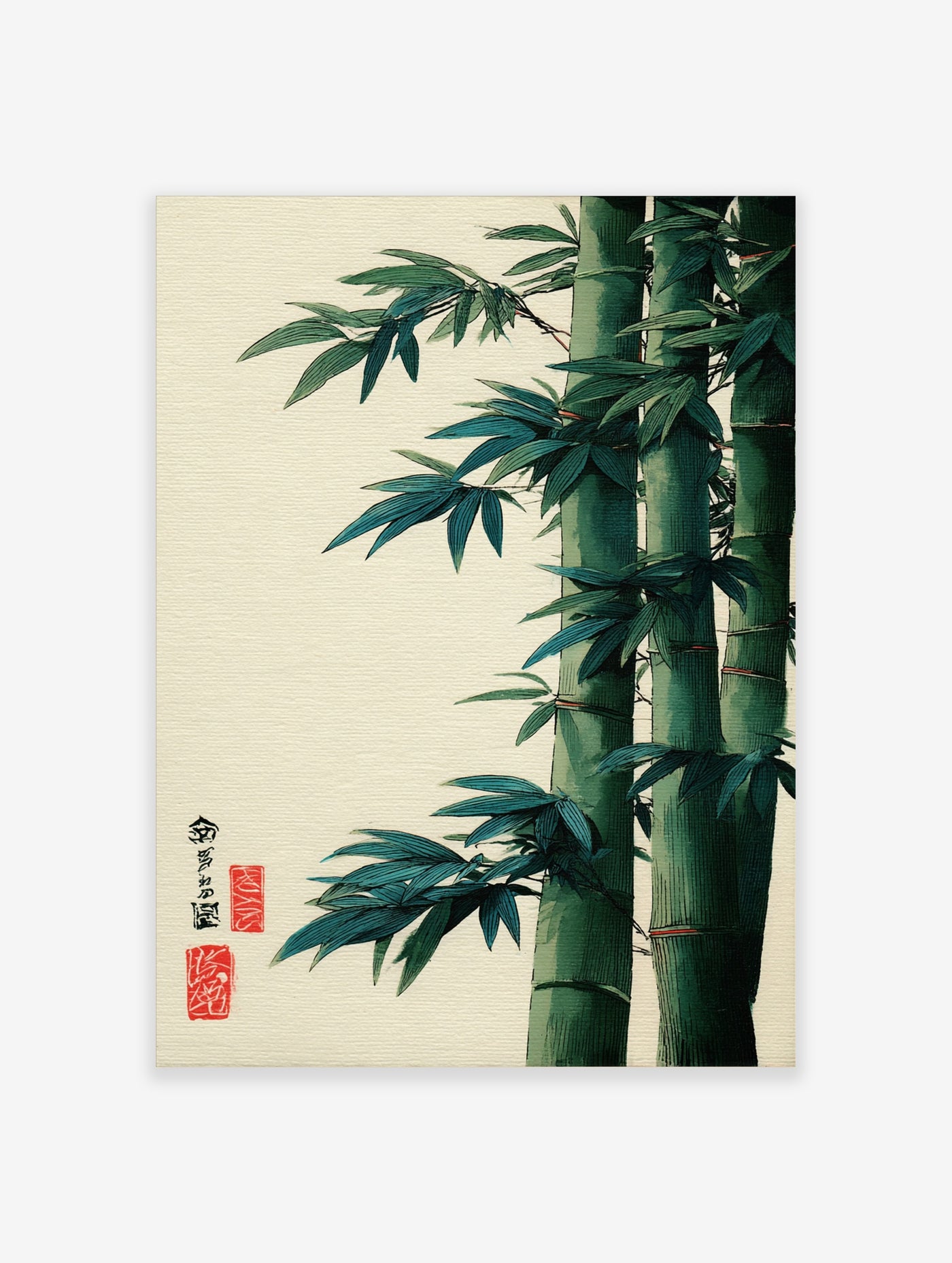Green bamboo stalks with leaves and red seals on cream background, Japanese botanical art print