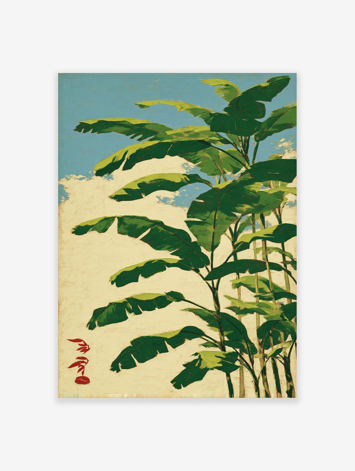Green banana leaf botanical poster with broad tropical foliage against a pale blue sky