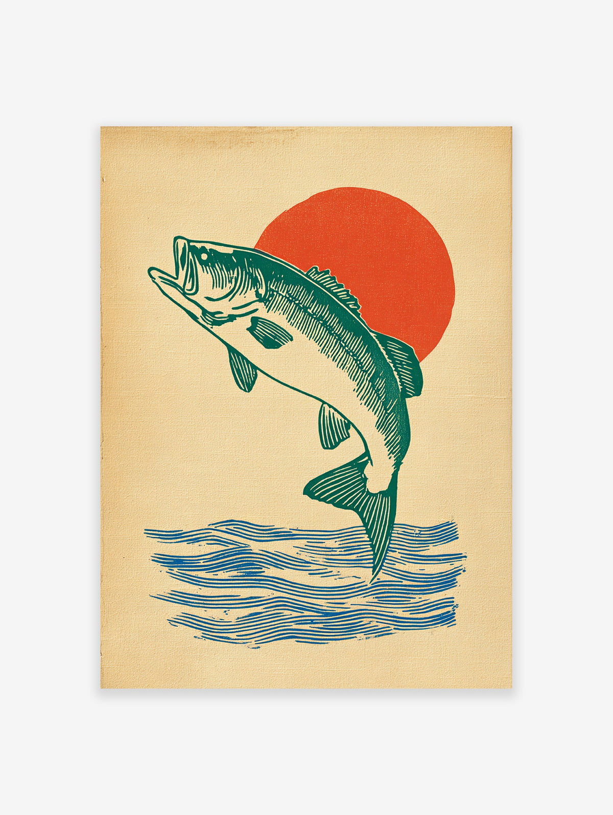 Green bass fish poster jumping out of blue water with a red sun in the background on a textured beige canvas.