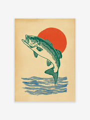 Green bass fish poster jumping out of blue water with a red sun in the background on a textured beige canvas.
