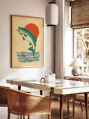 Green bass fish poster jumping out of blue water with a red sun in the background on a textured beige canvas. - Image 2