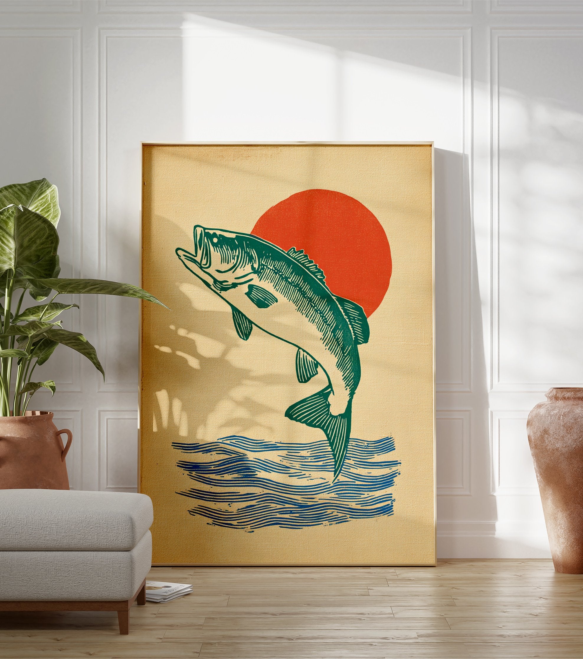 Green bass fish poster jumping out of blue water with a red sun in the background on a textured beige canvas. - Image 3