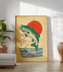 Green bass fish poster jumping out of blue water with a red sun in the background on a textured beige canvas. - Image 3