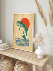 Green bass fish poster jumping out of blue water with a red sun in the background on a textured beige canvas. - Image 4