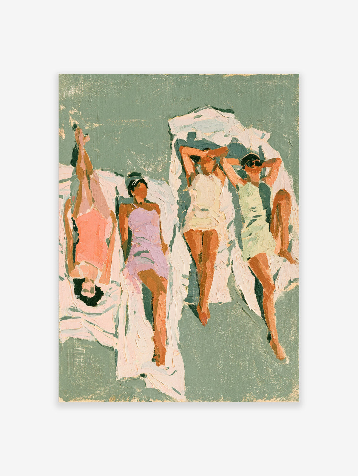 Painterly beach poster of four women sunbathing on towels in green, peach and lilac tones