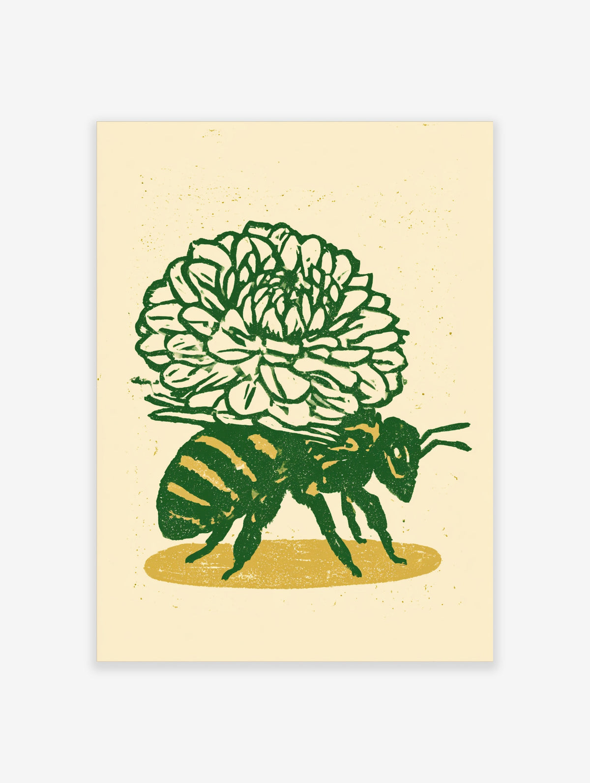 Green bee and chrysanthemum flower poster with mustard oval on cream background