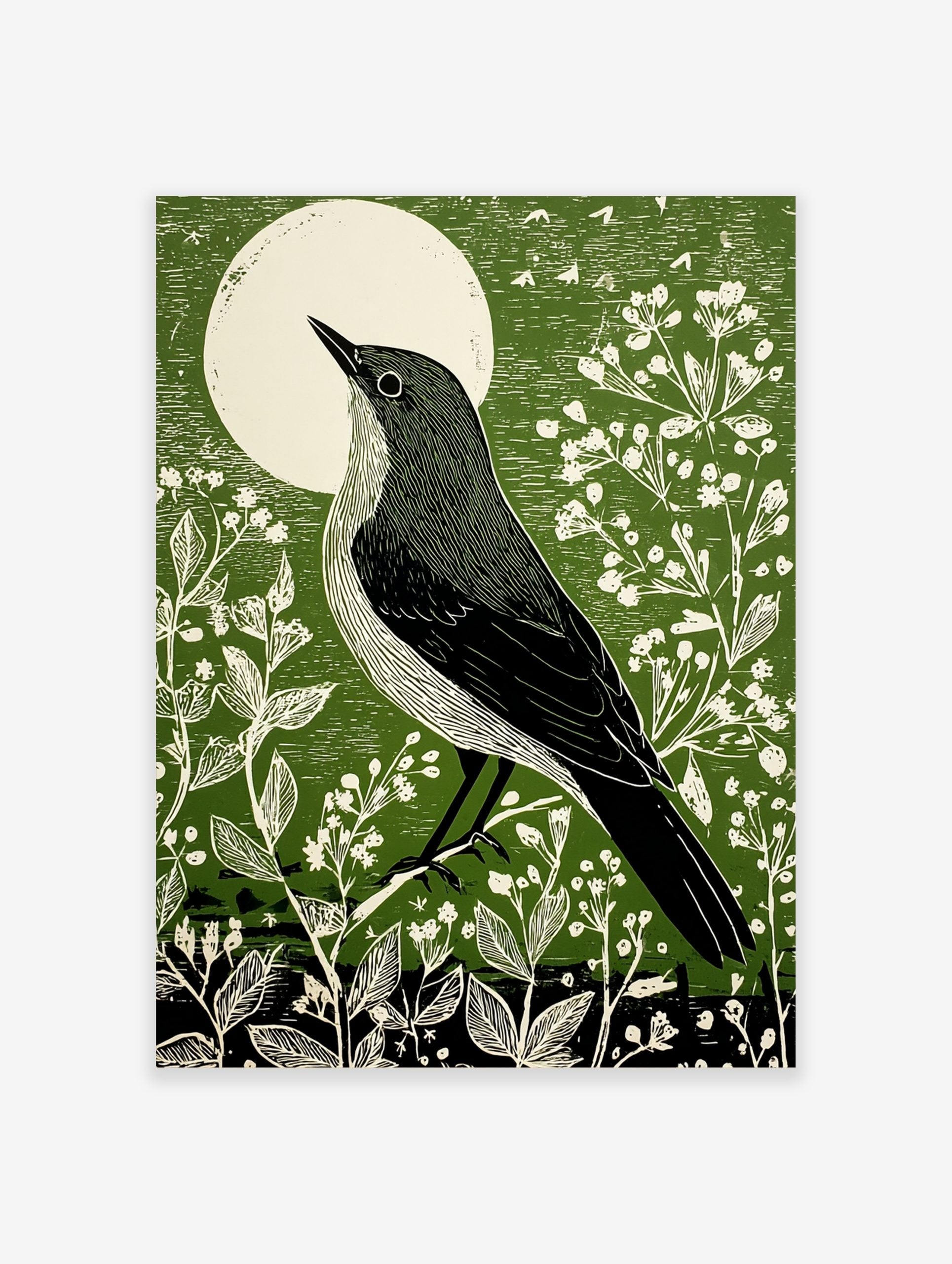 Illustrative green bird art print looking at a white moon, surrounded by white botanical plants