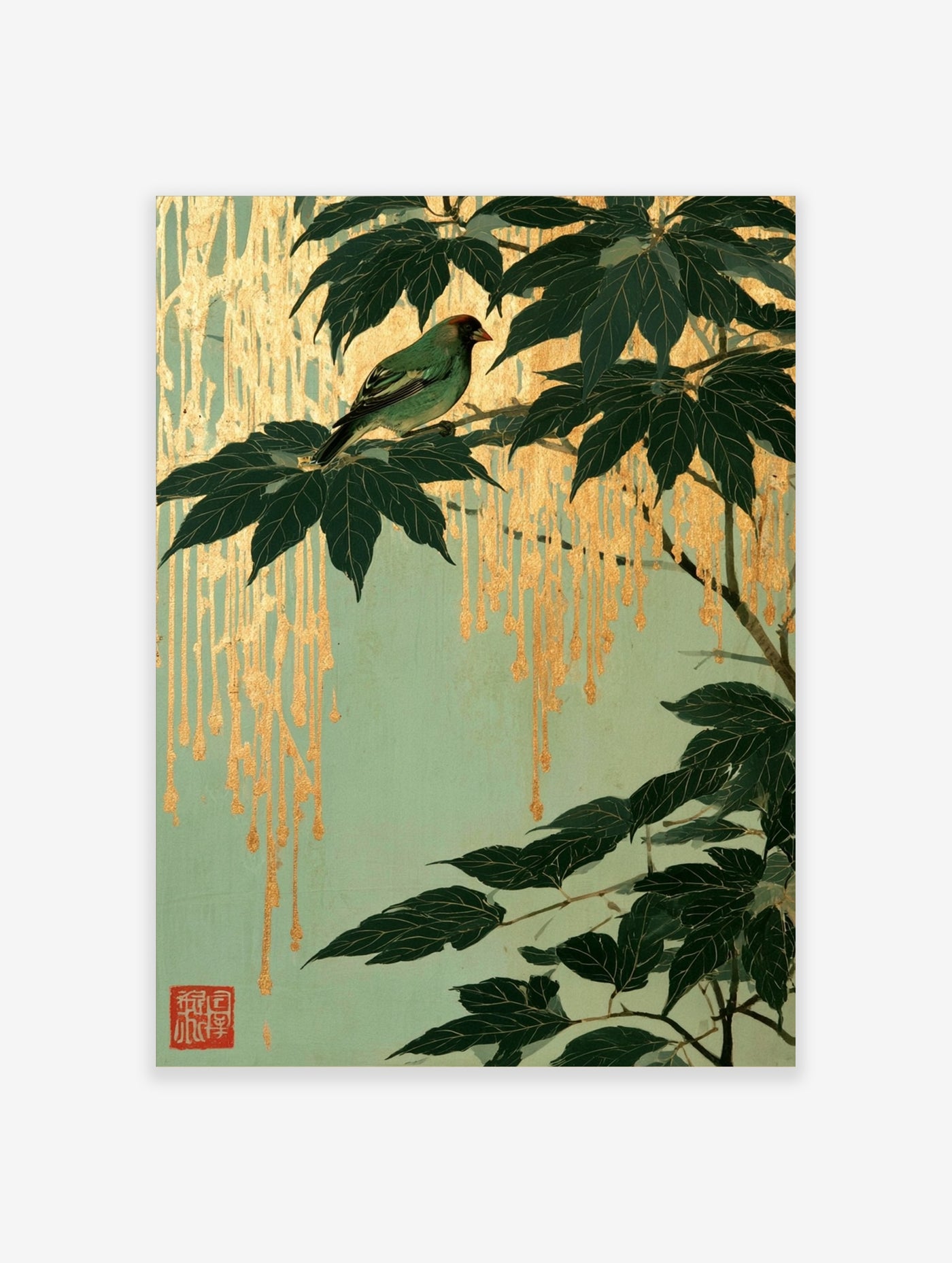 Japanese style wall art print featuring a green bird on a branch with gold leaf drips against a sage green background