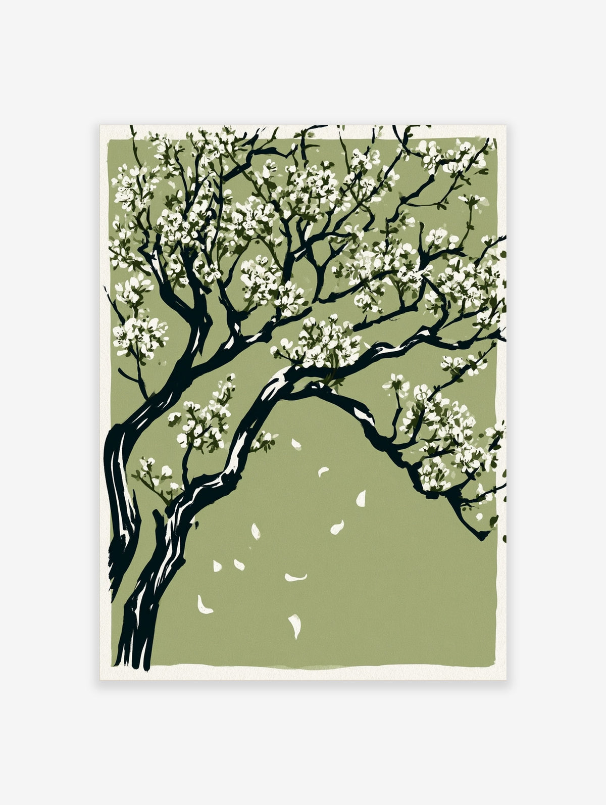 Green blossom tree art print with white flowers, dark branches, and falling petals on olive background