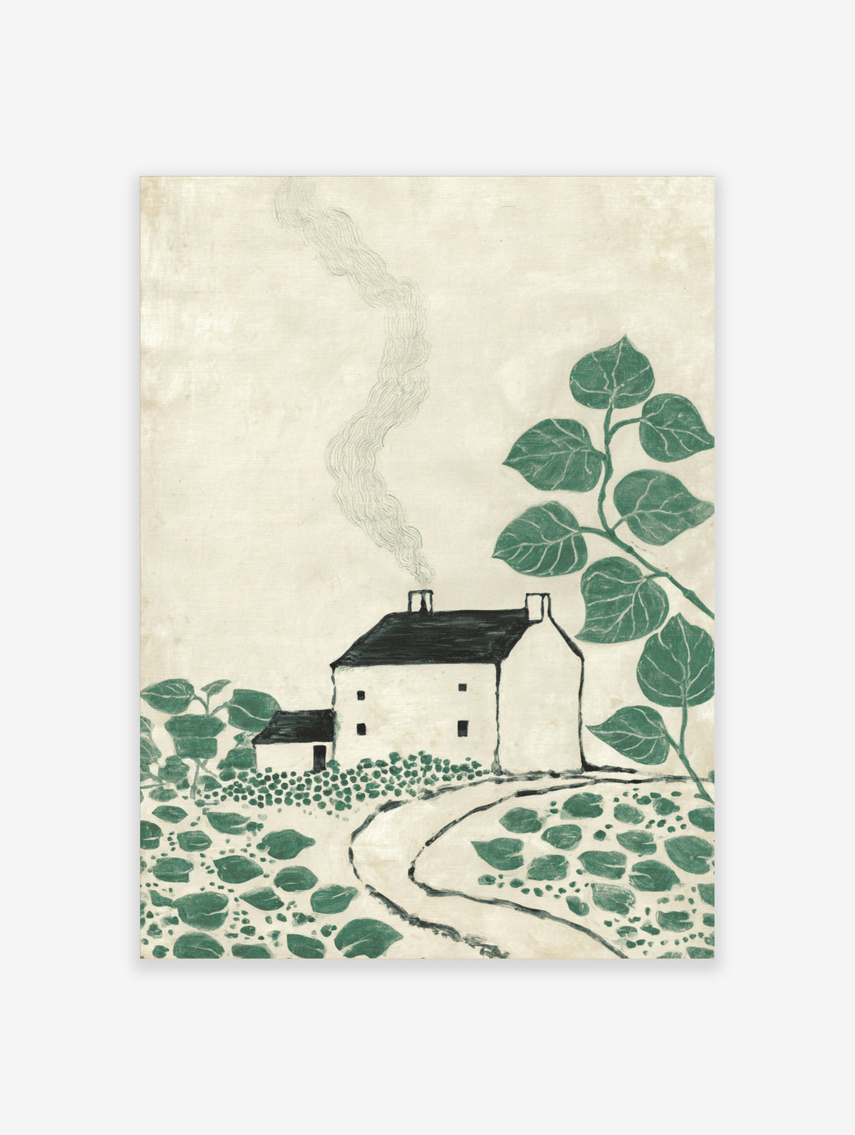 Green botanical cottage art print with white house, winding path, and leafy branches