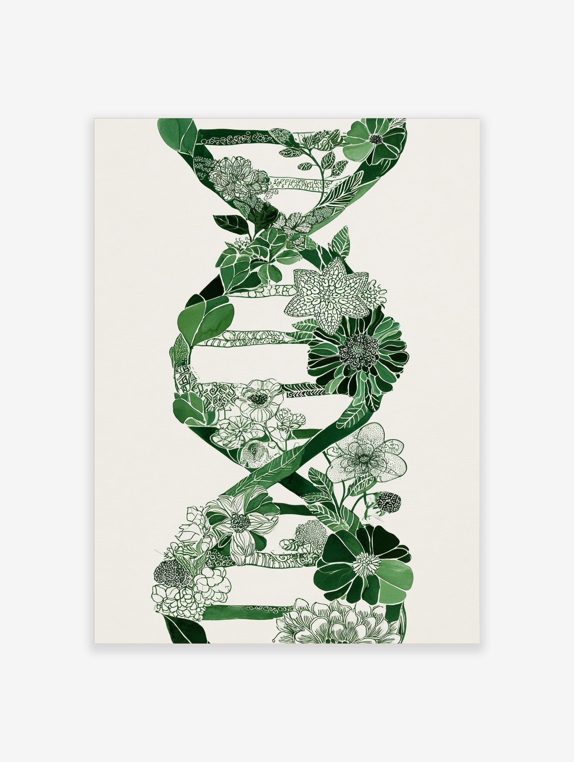 Green botanical DNA helix illustration with leaves and flowers on a white background, portrait orientation