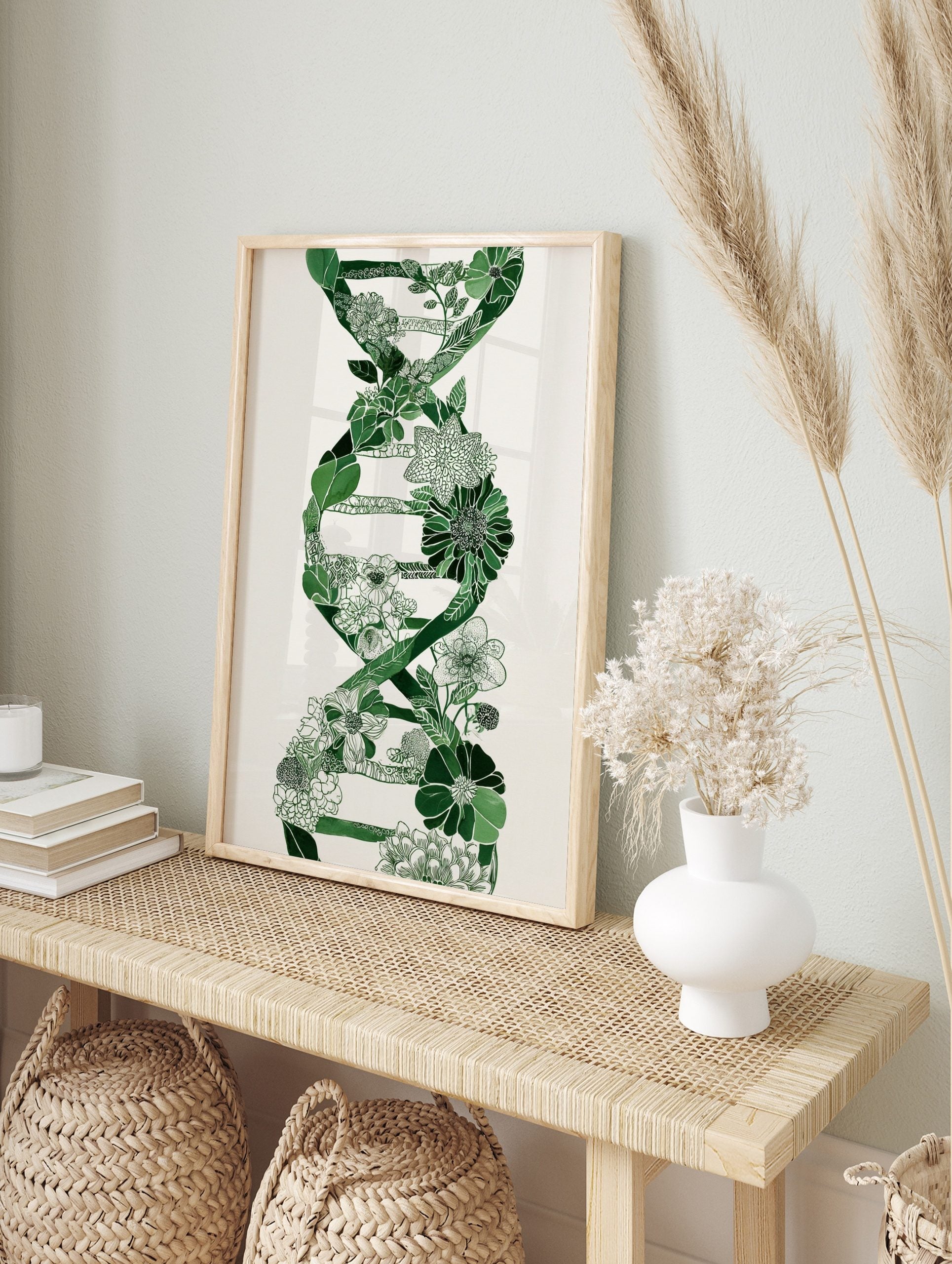 Green botanical DNA helix illustration with leaves and flowers on a white background, in an alternate framed mockup