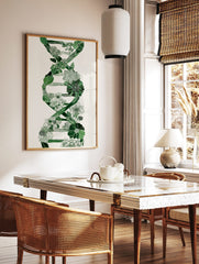 Green botanical DNA helix illustration with leaves and flowers on a white background, portrait, in a styled room mockup