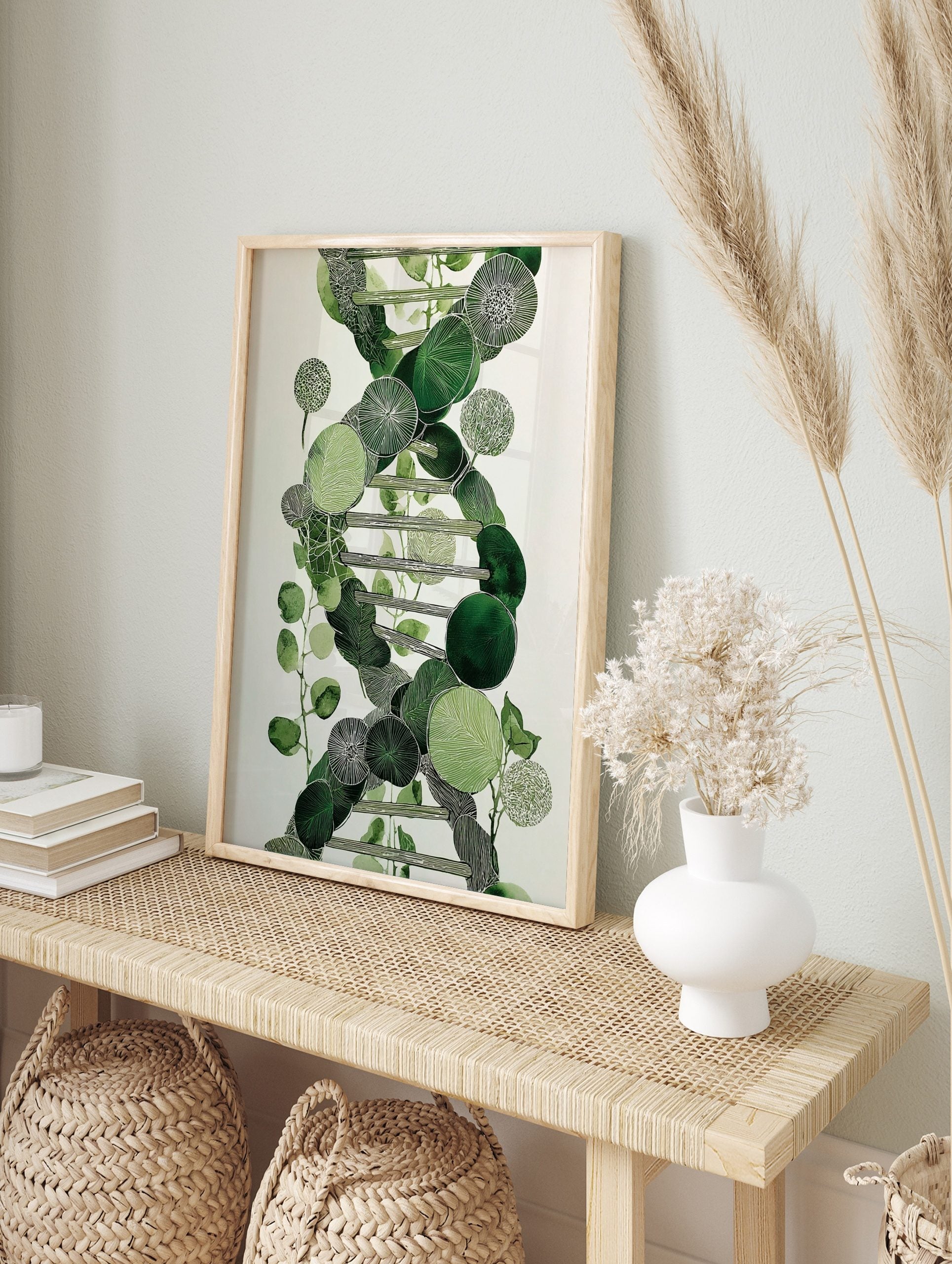 Green botanical DNA helix illustration with varied leaf shapes and textures on a white, in an alternate framed mockup