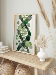 Green botanical DNA helix illustration with varied leaf shapes and textures on a white, in an alternate framed mockup